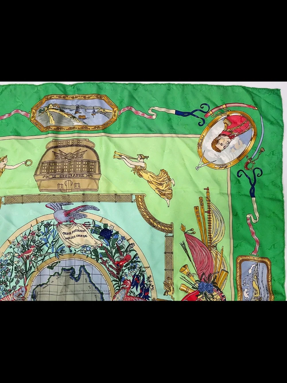 Hermes Green and Light Green Silk Scarf with Multicolor Motif